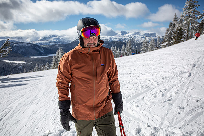 Patagonia Storm Shift Jacket (mountain backdrop at resort)