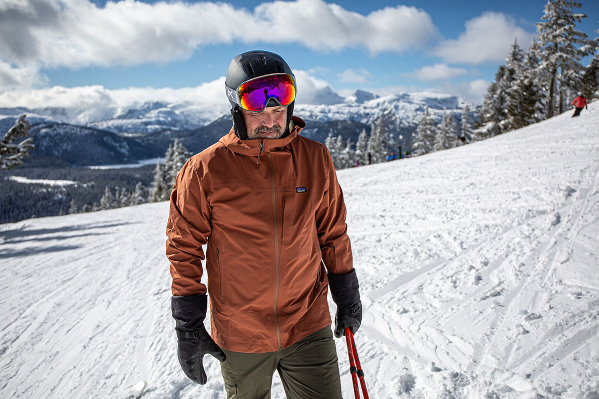 Patagonia Storm Shift Jacket (mountain backdrop at resort)